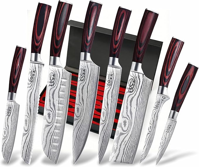Kitchen Knife Set Professional Chef Knives, 8-Piece Stainless Steel Knife Set with Santoku, Nakiri, Bread, Paring, Boning Knives & Pakkawood Handle
