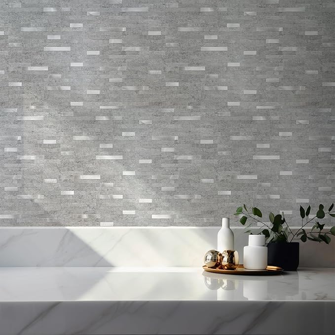 20 Sheets Peel and Stick Backsplash for Kitchen, Slate Gray with Metal Silver Look Stick on Tile Upgrade Your Kitchen Backsplash, RV, Fireplace