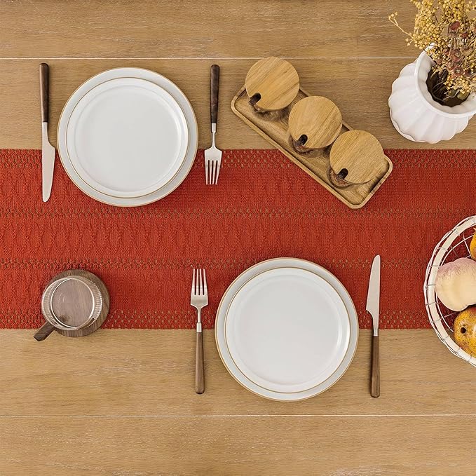 ZeeMart Macrame Style Boho Table Runner, Burnt Ochre Fall Table Runners 48 Inches Long, Farmhouse Woven Home Decor, 12x48 Inch, Dark Orange