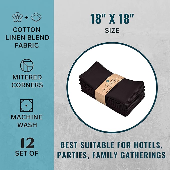 FINGERCRAFT Cloth Napkins, Cotton Linen Mitered Corner Soft Durable Washable Eco-Friendly Napkins Cloth 12 Pack, 18x18 inch Premium Quality for Home Hotel Parties Christmas Wedding Dinner Black