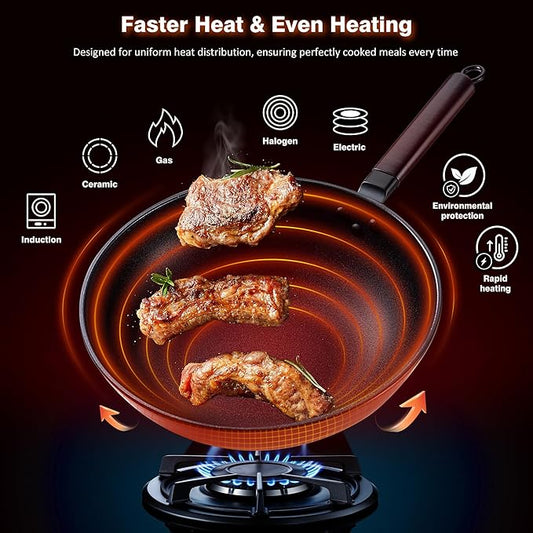 Teewe Carbon Steel Wok -13 Inch Woks & Stir-fry Pans Nonstick, Wok Pan with Lid Spatula and Dish Brush: Pre-Seasoned Flat Bottom Chinese Woks for Induction, Electric, Gas, All Stoves