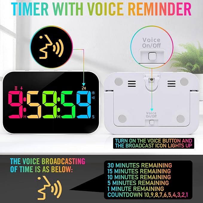 TXL Kitchen Timer for Cooking, Rechargeable Digital Magnetic Timer with Large LED Display, Loud Alarm, Sound Countdown, 4 Volume Levels and 3 Brightness for Classroom, Study (RGB)