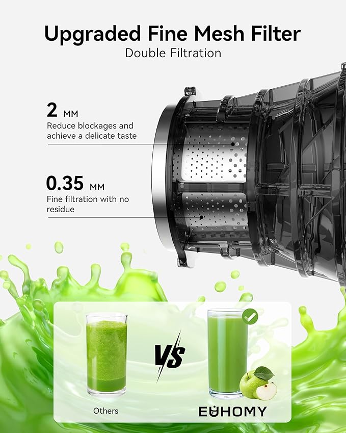 Cold Press Juicer, EUHOMY 5.6" Wide Feed Chute Juice Extractor Machine with 400W, High Juice Yield, Slow Masticating Juicer for Whole Vegetables & Fruits, Deep Gray