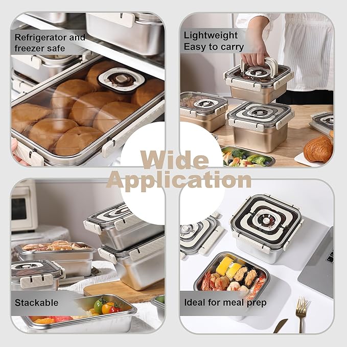 Compact vacuum sealer pump - 2PACK Stainless Steel Vacuum Food Storage Containers [60 fl oz] -With Handles for Easy Carrying, Keep Food Fresh Longer, Leak-Proof, Ideal for Meal Prep, Marinating