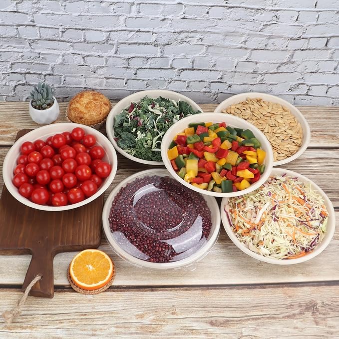 JAYEEY 24 oz Round Disposable salad bowls with lids, Sugarcane Fiber Paper Bowls take away food containers Plant Fibers Freezer Safe 50 Pack