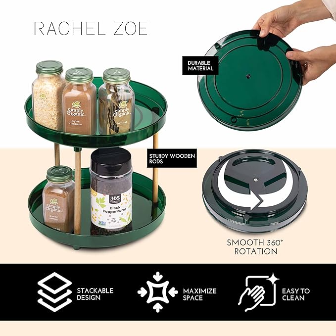 Rachel Zoe 2 Tier Lazy Susan Organizer, Wood Two Tier Lazy Susan Turntable, 360° Spin Tray Organizer, Pantry Spice Organizer for Kitchen, Rotating Bathroom Counter Organizer