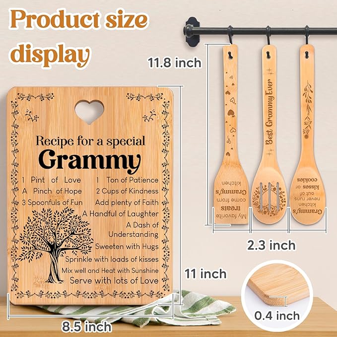 Grammy Gifts - "Recipe for a Special Grammy" Gifts for Grammy Cutting Board Set, Bamboo-Made Engraved Utensil Set Grammy Cutting Board, Grammy Idea Gifts.
