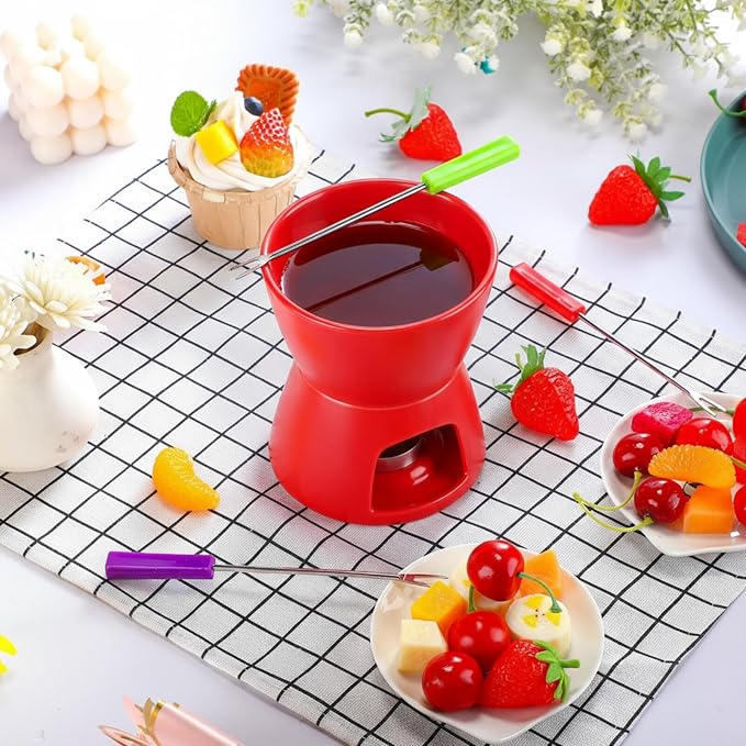 Nuogo 4 Pcs Fondue Pot Set Ceramic Mini Chocolate Fondue Mug Set Melting Bowl with 16 Pcs Mini Forks for Cheese, Chocolate, Tapas, Butter and Caramel, Valentine's Day(Red)