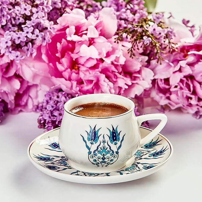KARACA Iznik New Form Turkish Coffee Cup Set of 6, (12 Piece) Cups with Saucers - 3.3 fl oz Small Porcelain Espresso Set - Ideal for Serving Greek, Arabic Coffee