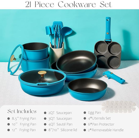 CAROTE 21pcs Pots and Pans Set, Nonstick Cookware Set Detachable Handle, Induction Kitchen Cookware Sets Non Stick with Removable Handle, RV Cookware Set, Peacock Blue