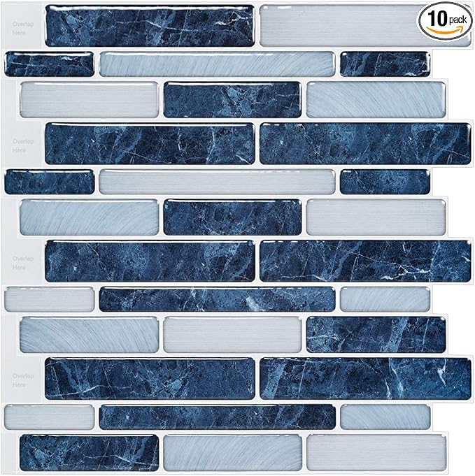 LONGKING Self-Adhesive Kitchen Backsplash, Marble Look Decorative Tiles (10 Tiles) (Dark Blue)