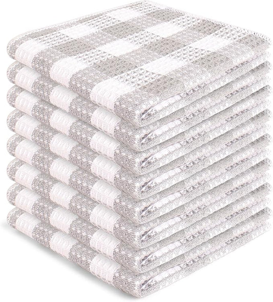 Blue Needles Waffle Weave Check Plaid Dish Cloths, 12x12 Inches 100% Cotton Set of 8 Dish Towels for Kitchen, Ultra Soft & Absorbent Kitchen Towels for Quick Drying Spring Summer - Ash Grey & White