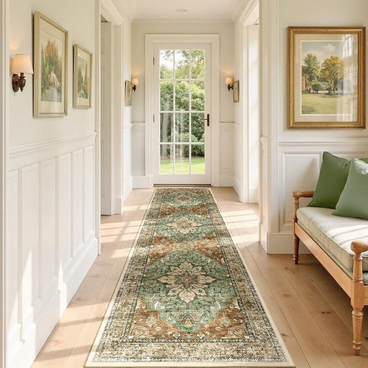 Area Rugs 3'x9' Runner Rug Non Slip Washable for Kitchen Hallway Bedroom Beside Laundry Room Bathroom Rug, Floor Carpet, Brick Red Rust Neutral Brown Burnt Orange Green