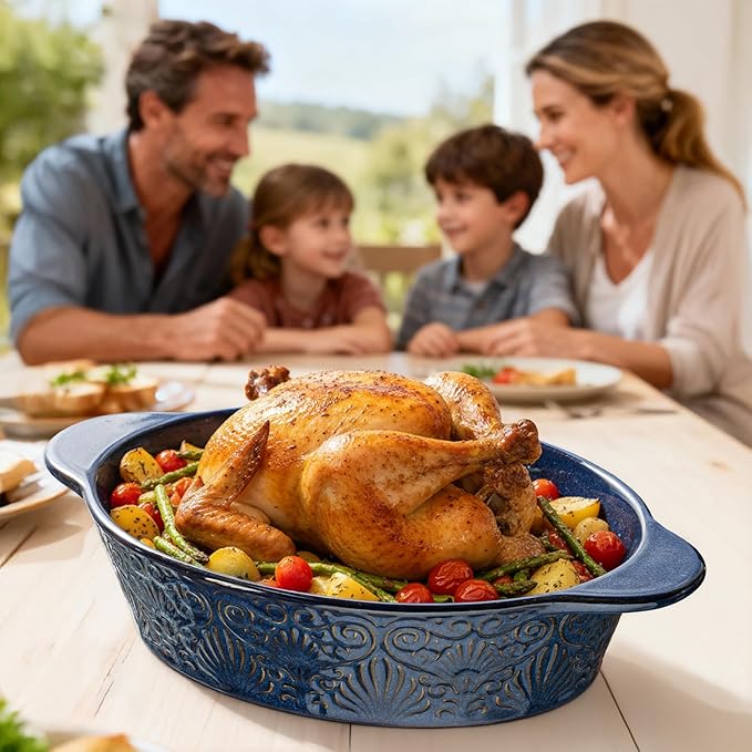 Casserole Dishes for Oven Sets of 3, Ceramic Oval Baking Dish, Au Gratin Baking Pans with Handles for Roasting, Lasagna, Pie, Baking Meat & Vegetables (Blue)