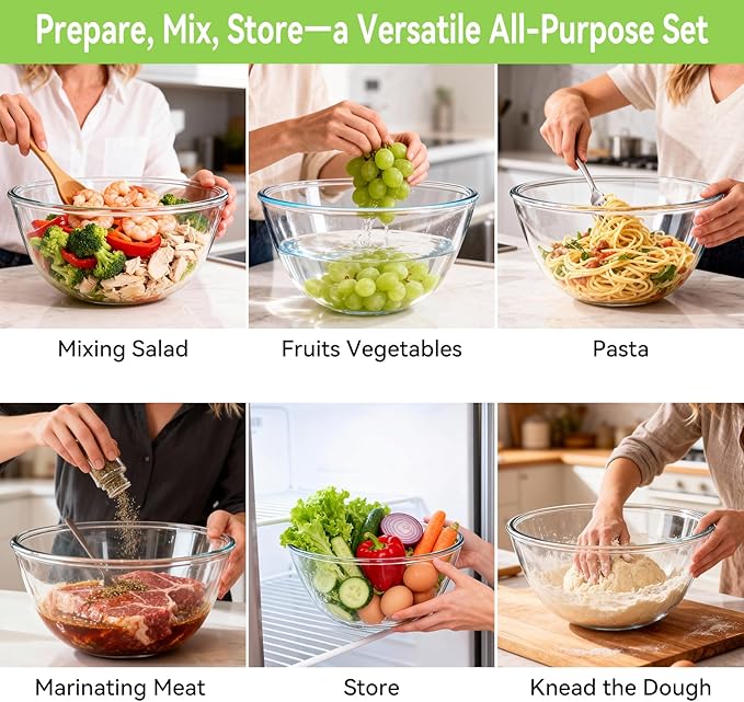 YUANYE 4 Pack Glass Mixing Bowls with Lids Set (3/1.7/0.9/0.6QT),Thick Glass Large Salad Bowl Set, Nesting Kitchen Bowls for Serving, Prepping, Cooking and Baking, Dishwasher, Oven,Microwave Safe