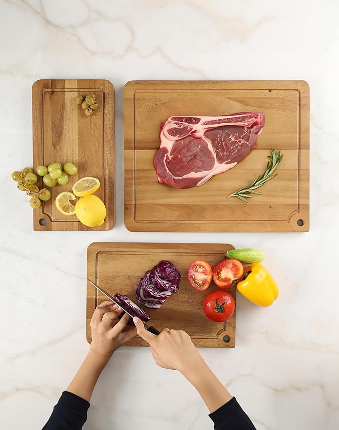 Sango Acacia Cutting Board Set with Juice Grooves and Hanging Holes, 3-Piece - Wood Chopping Boards, Stackable & Reversible for Kitchen, Non-Toxic, Perfect as Butcher Block Countertop, Atelier