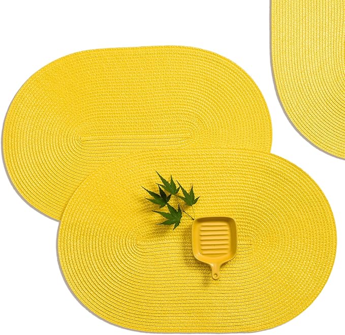 AHHFSMEI Placemats Set of 8 for Dining Table Washable Woven Vinyl Non-Slip 18x12 inches Placemat Heat-Resistant Durable Table Mats for Dining Table Easy to Clean (Yellow, 8)