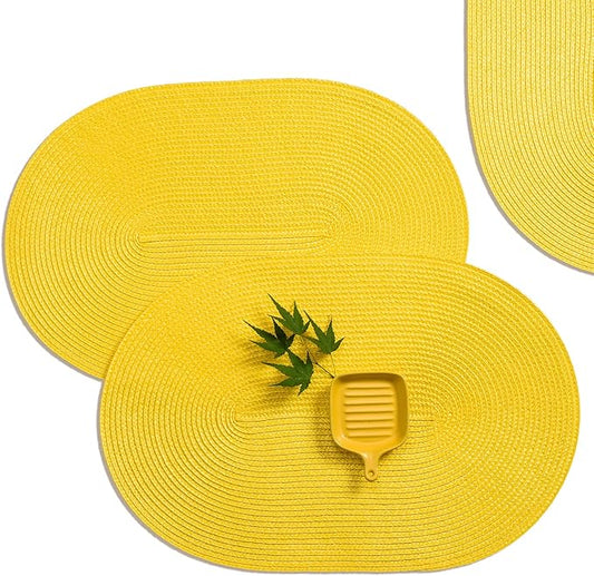 AHHFSMEI Placemats Set of 4 for Dining Table Washable Woven Non-Slip 18x12 inches Placemat Heat-Resistant Durable Table Mats for Dining Table Easy to Clean (Oval Yellow, 4)