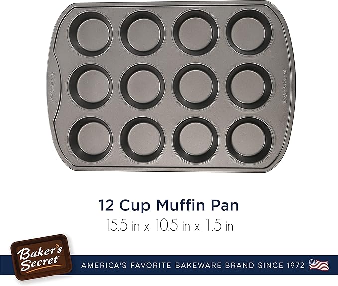 Baker's Secret 12cup Muffin Pan Cupcake Nonstick Pan - Carbon Steel Pan for Muffins Cupcakes Non stick Coating Easy Release Dishwasher Safe DIY Bakeware Baking Supplies - Classic Collection