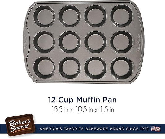 Baker's Secret 12cup Muffin Pan Cupcake Nonstick Pan - Carbon Steel Pan for Muffins Cupcakes Non stick Coating Easy Release Dishwasher Safe DIY Bakeware Baking Supplies - Classic Collection