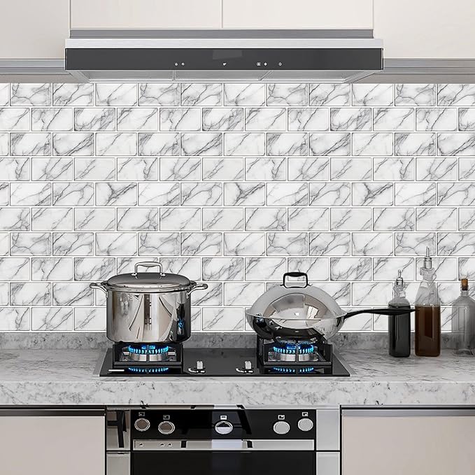 URCOLOR 10-Sheet backsplash Tile for Kitchen Peel and Stick,12"x12" Self Adhesive Subway Wall Tiles Stick on Back Splashes for Bathroom White Marble