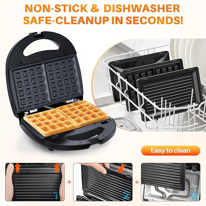 6 in 1 Waffle Maker With Removable Plates,Breakfast Sandwich Maker,Panini Press Grill Mini Donut Maker Machine with 5-Gear Temperature Control for Cooking Steaks Burgers,Grilled,Cheese