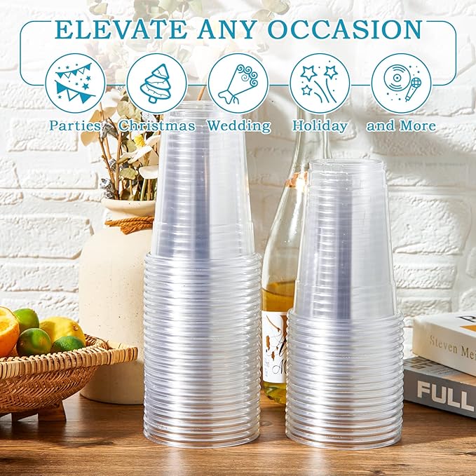 Turbo Bee 100 Pack 16 OZ Clear Plastic Cups, Disposable Crystal Plastic Party Cups for Iced Coffee, Smoothie, Slurpee, or Any Cold Drinks