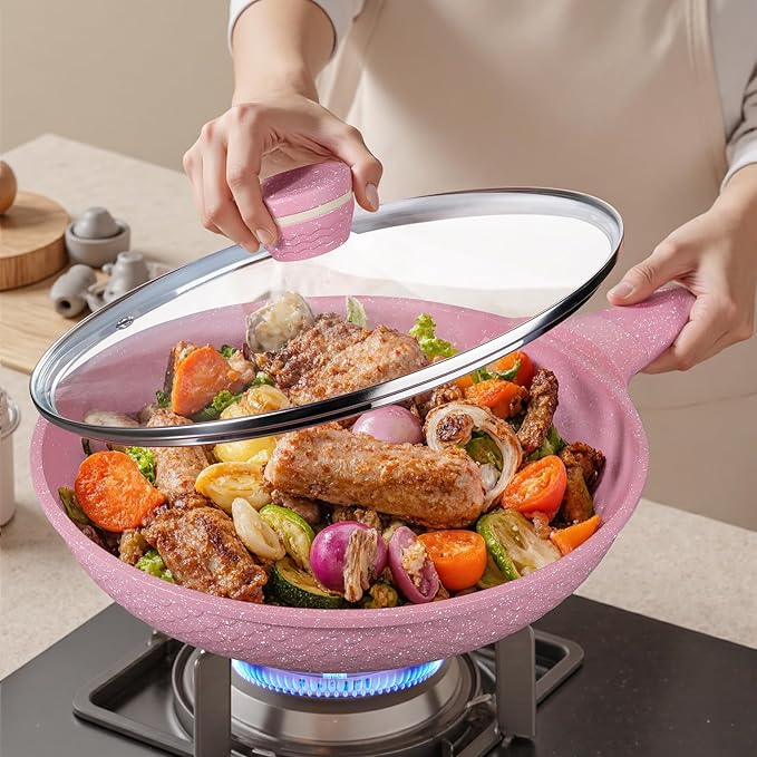 Xuanying 8 Inch Non Stick Frying Pans with Lid - 100% PFOA PFAS Free, Super Nonstick, All Stovetop Compatible Induction Gas Electric, Omelette & Egg Pan, Dishwasher Safe, Eco-Friendly Pink Pan
