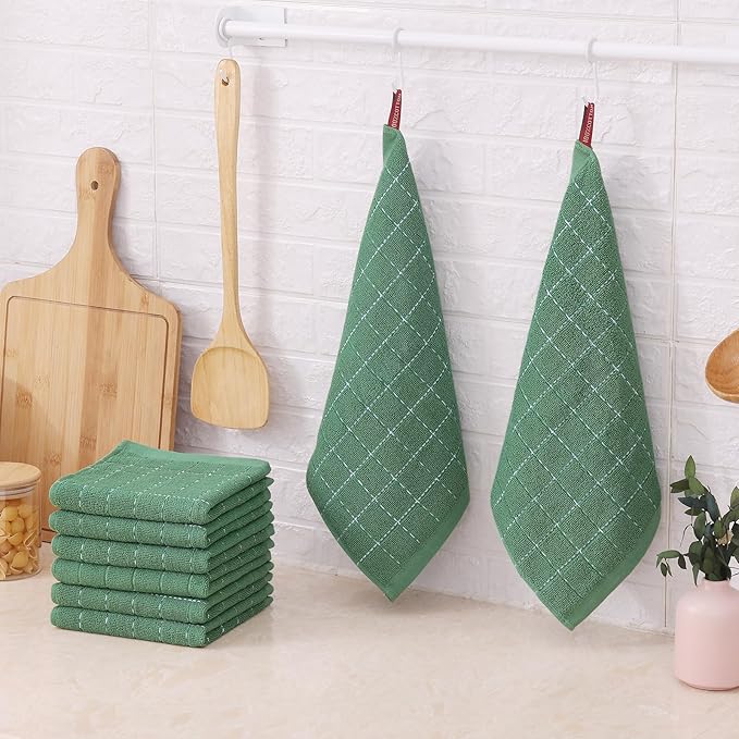 Mordimy 100% Cotton Terry Cloth Dish Cloths, Soft and Absorbent Checkered Dish Towels, Quick Drying Dish Rags for Washing Dishes, 6 Pack, 12 x 12 Inches, Grass Green