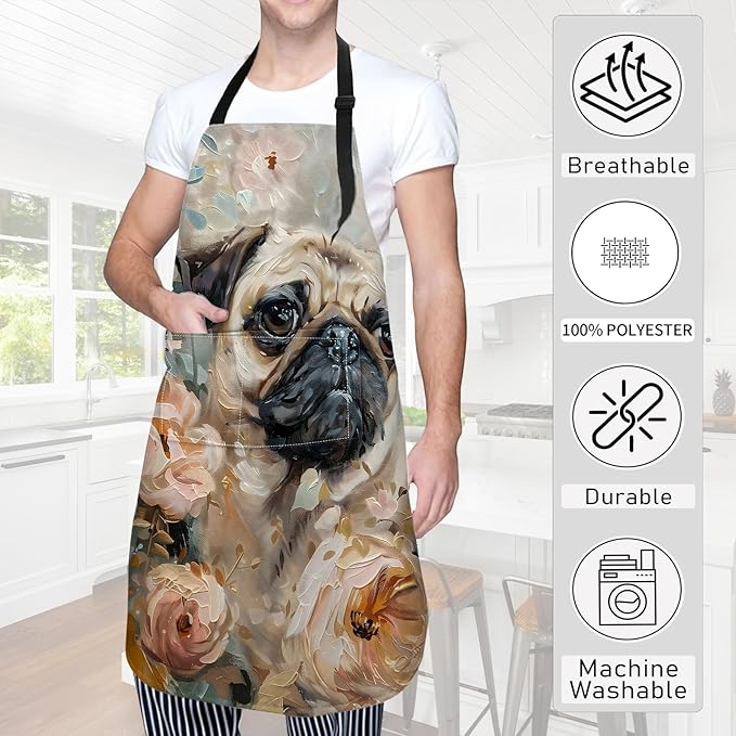 Pug and Flowers Apron Charming Dog Portrait with Soft Floral Aprons Waterproof Oxford Polyester Adjustable Pockets Design for Cooking, Crafting, Garden Decor, Gifts for Pet Lovers, 28x33 Inch