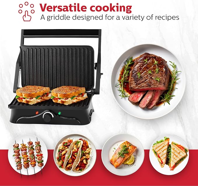 Holstein Housewares 2-Slice Panini Press and Grill - Black/Stainless Steel Sandwich Maker with Non-Stick Coating, Temperature Control, and Drip Tray - Opens 180 Degrees for Versatile Cooking