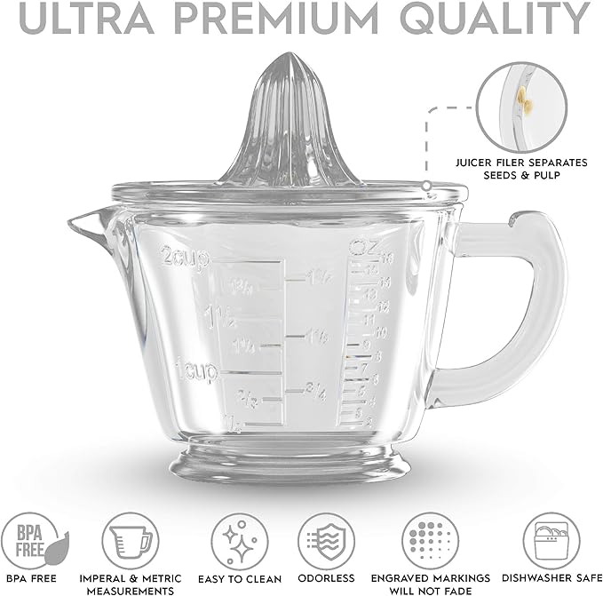 Glass 2-Cup Juicer (Clear) - Lemon and Lime Manual Squeezer, Citrus Reamer