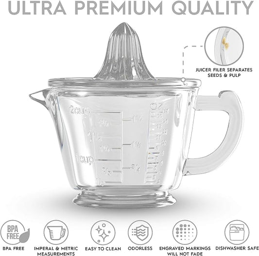 Glass 2-Cup Juicer (Clear) - Lemon and Lime Manual Squeezer, Citrus Reamer