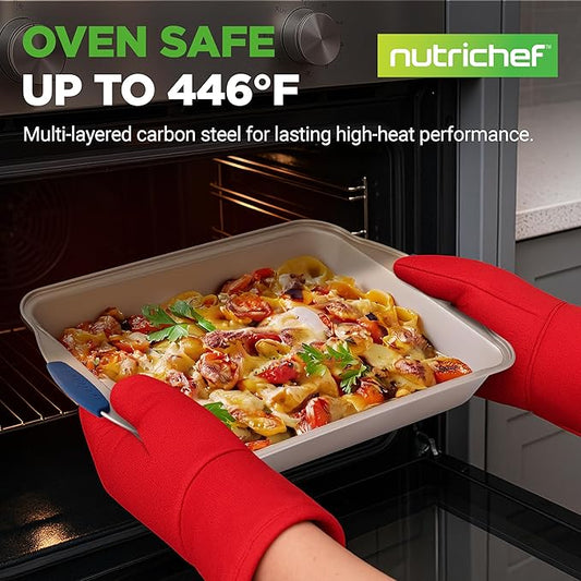 NutriChef 10-Piece Nonstick Bakeware Set - Premium Carbon Steel Baking Pan Set w/Heatsafe Silicone Handles, Includes Pizza Crisper, Loaf Pan, 12 & 24 Cup Muffin Pans, Cake Pans, Cookie Sheets