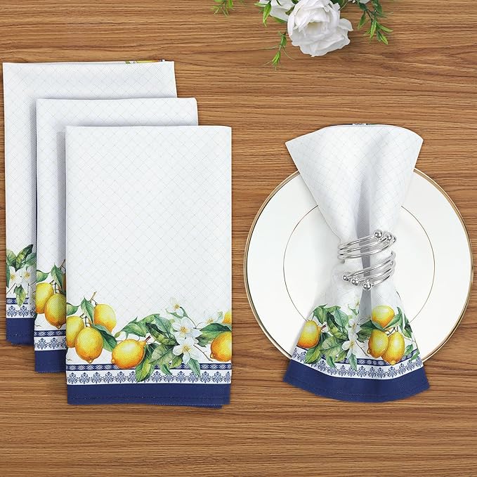 Spring Summer Lemon Napkins, 18×18 Inch Dinner Cloth Napkins Set of 12, Washable Cotton Soft Absorbent Square Napkins for Dining Kitchen Party Wedding Decoration