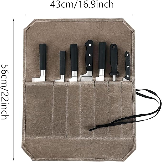 Chef’s Knife Roll Case &6 Packs Knife Edge Guard Set Universal Blade Covers ,Waxed Canvas Cutlery Knives Holders Protectors,Chef's Knife Roll Bag,Portable Travel Chef Knife Case Carrier Storage Bag