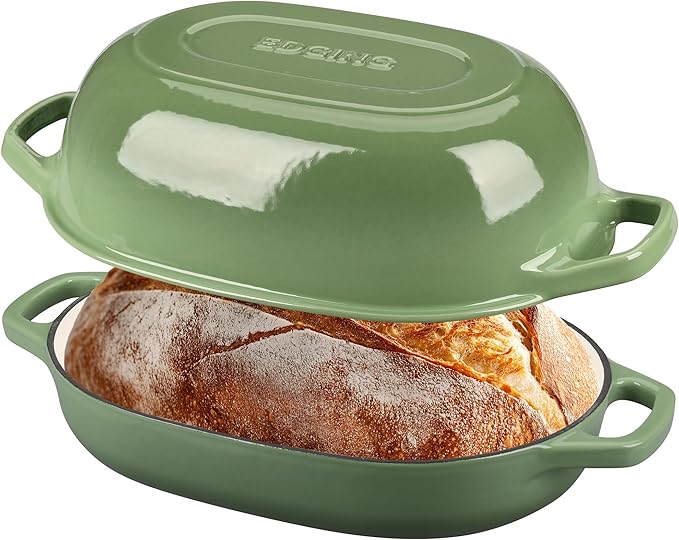 EDGING CASTING Enameled Cast Iron Oval Dutch Oven Pot with Lid, Dutch Oven for Sourdough Bread Baking, Oval Bread Pan, Bread Oven, Bread Dutch Oven, 7qt, Pistachio Green