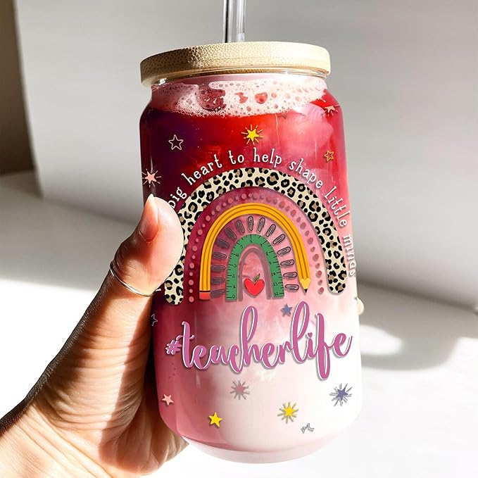 Teacher Appreciation Gifts 16 Oz Glass Cup with Lid and Straw It Takes Big Heart To Help Shape Little Minds Coffee Tumbler Birthday Christmas Thank You Gift for Teachers Women Coworkers