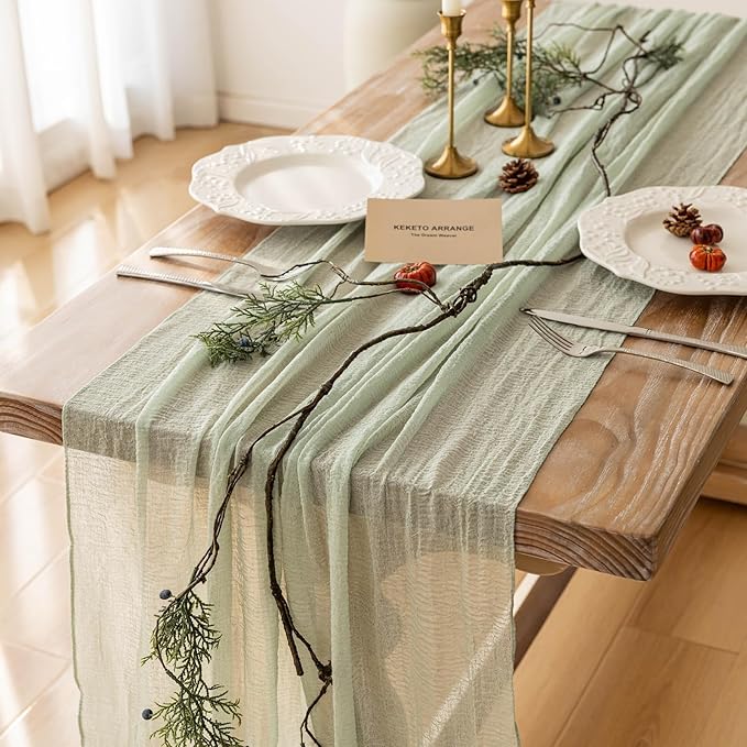 Keketoarrange Sage Green Spring Easter Cheesecloth Table Runner 120 Inch 10 FT Rustic Boho Cheese Cloth Runner for Wedding Baby Shower Bridal Shower Sheer Gauze Centerpiece Home Decorations