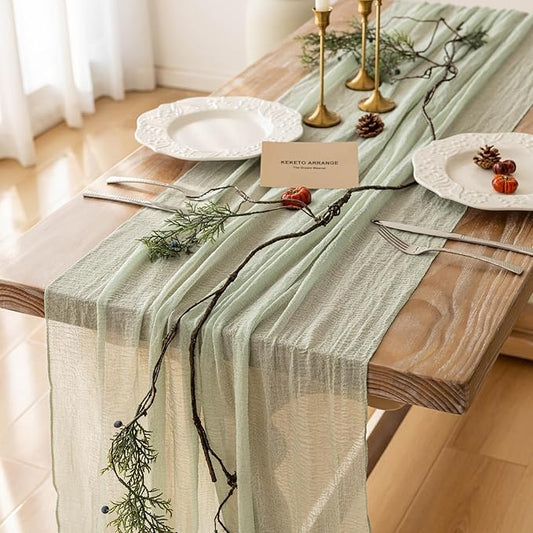 Keketoarrange 10pcs Sage Green Spring Easter Cheesecloth Table Runner 120 Inch 10 FT Rustic Boho Cheese Cloth Runner for Wedding Baby Shower Bridal Shower Sheer Gauze Centerpiece Home Decorations
