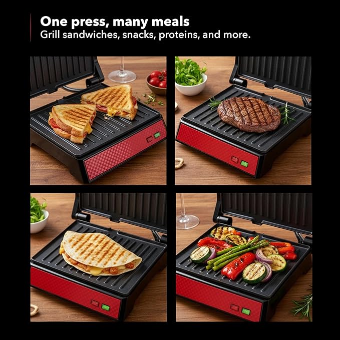 OVENTE Electric Indoor Panini Press Grill and Sandwich Maker with Non-Stick Coated Plates, Cool-Touch Handle and Removable Drip Tray, Opens 180 Degrees to Fit Any Type or Size of Food, Red GP0540R