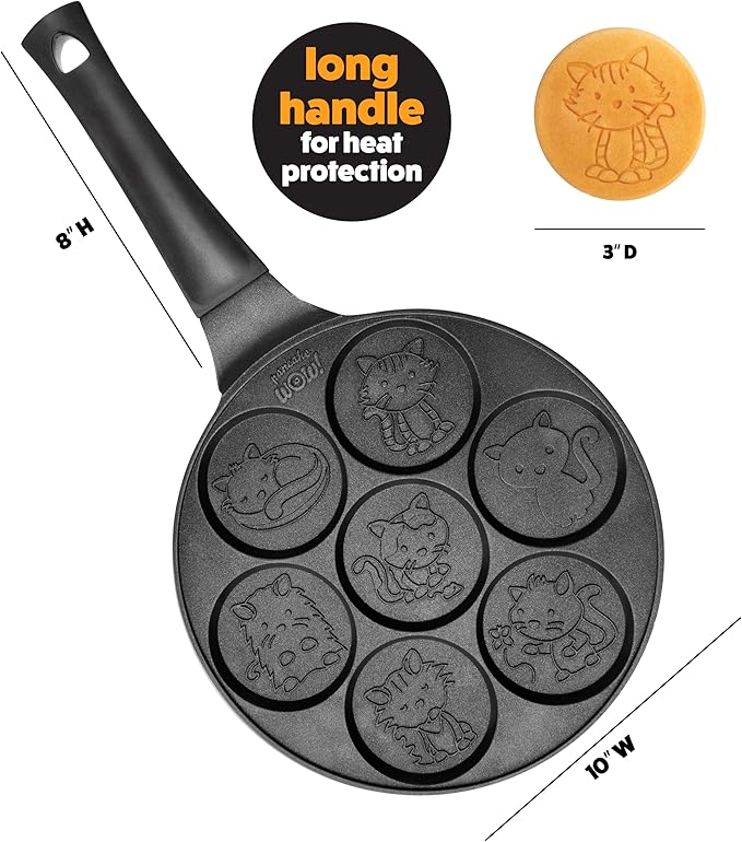 Kitty Friends Mini Pancake Pan - Make 7 Unique Flapjack Cat Designs, Nonstick Pan Cake Maker Griddle w Long Handle for Breakfast Animal Kitten Fun- Easy Cleanup, Fun Kids Gift or Party Dessert Treat
