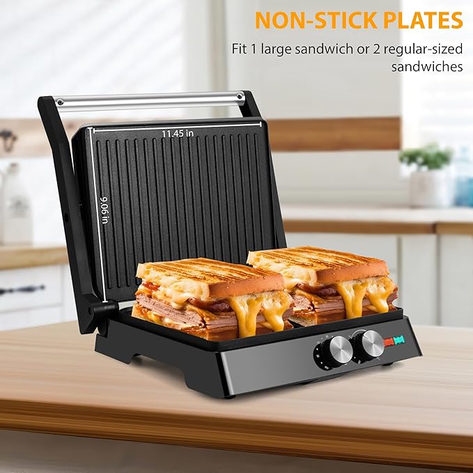 SUSTEAS 2in1 Panini Press Sandwich Maker and 304 Stainless Steel Electric Indoor Grill with Temperature Time Setting, Easy Clean Nonstick Grids, Opens 180°/105° to Fit Any Type or Size of Food,1400W