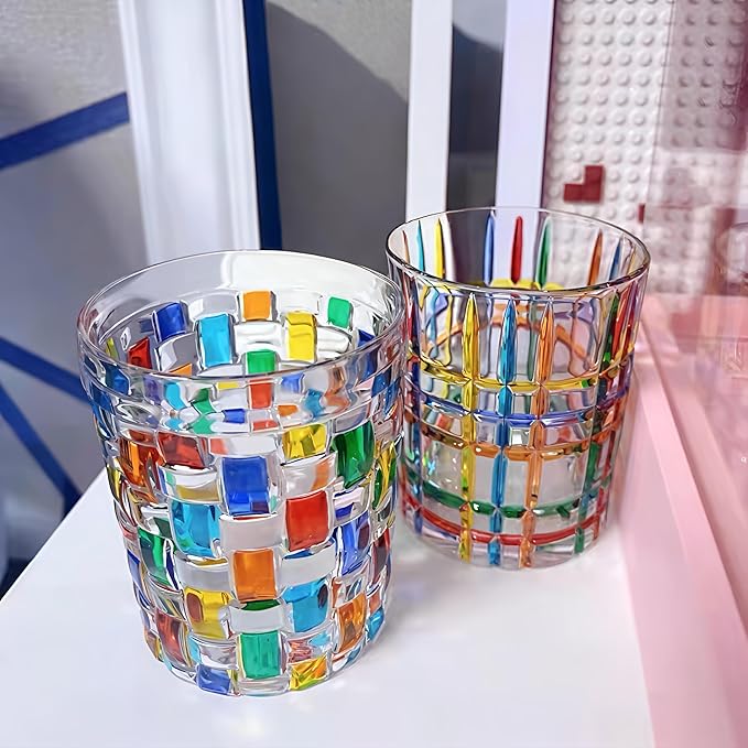 Set of 6 or 5 Hand-painted Colorful Glass Tumblers, Drinking Glassware, Cocktail Glasses for Iced Coffee Juice Tea Beverage Milk Wine With Artistic Design