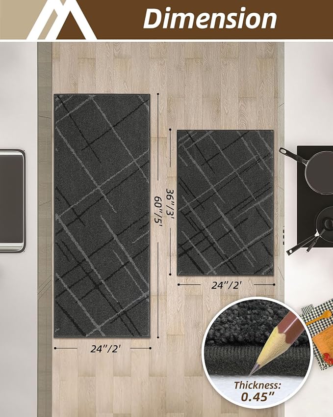 COSY HOMEER Kitchen Mats, 2 PCS Kitchen Rug Non Slip Washable, Absorbent Runner Rugs for Kitchen Floor, Polyester Kitchen Sink Rug 24"x36" + 24"x60"(Grey)