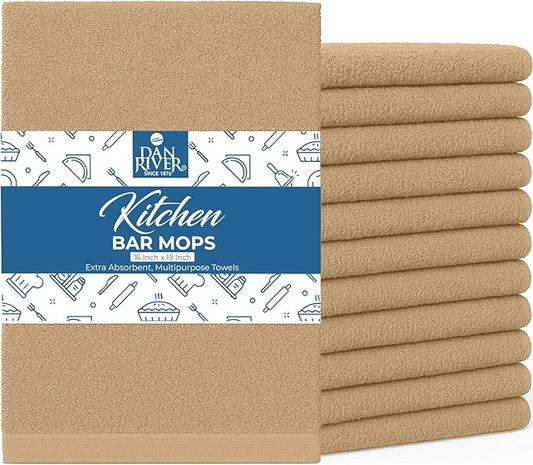 DAN RIVER Kitchen Bar Mops,Pack of 12,16 by 19 Inches,100% Cotton Super Absorbent,Multi-Purpose Cleaning Towels for Home and Kitchen Bars-Tan