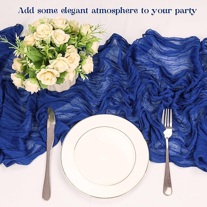 10 Pack Royal Blue Cheesecloth Table Runner 10FT Boho Gauze Fabric Table Runner Vintage Rustic Sheer Runners for Wedding Party Bridal Baby Shower Long Table Decorations