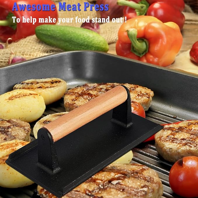 3PCS Smash Burger Press Kit, Round & Rectangle Meat Press for Griddle, Cast Iron Grill Press with Upgrade Wooden Handle for Blackstone Camp Chef Pitboss
