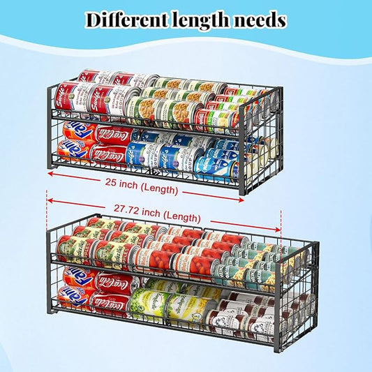 2-Tier Stackable Can Rack Organizer for Pantry Shelf, Long-Size Adjustable Can Holder for Kitchen Organization,Heavy Duty Can Dispenser for Canned Food Soup Goods up to 50 in Cabinet storage, Black