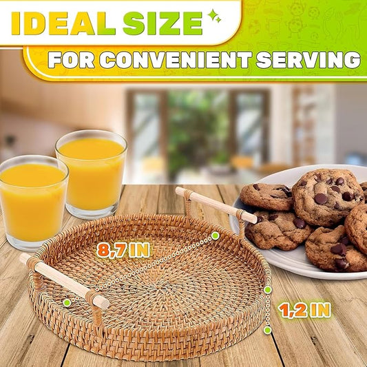 Rattan Tray 8.7-Inch Round – Woven Serving Basket with Handles – Holidays Romantic Decorative Tray for Coffee Table, Bread, Fruit, Vegetables, Restaurant & Home Use Charming Easter Styling Table Decor